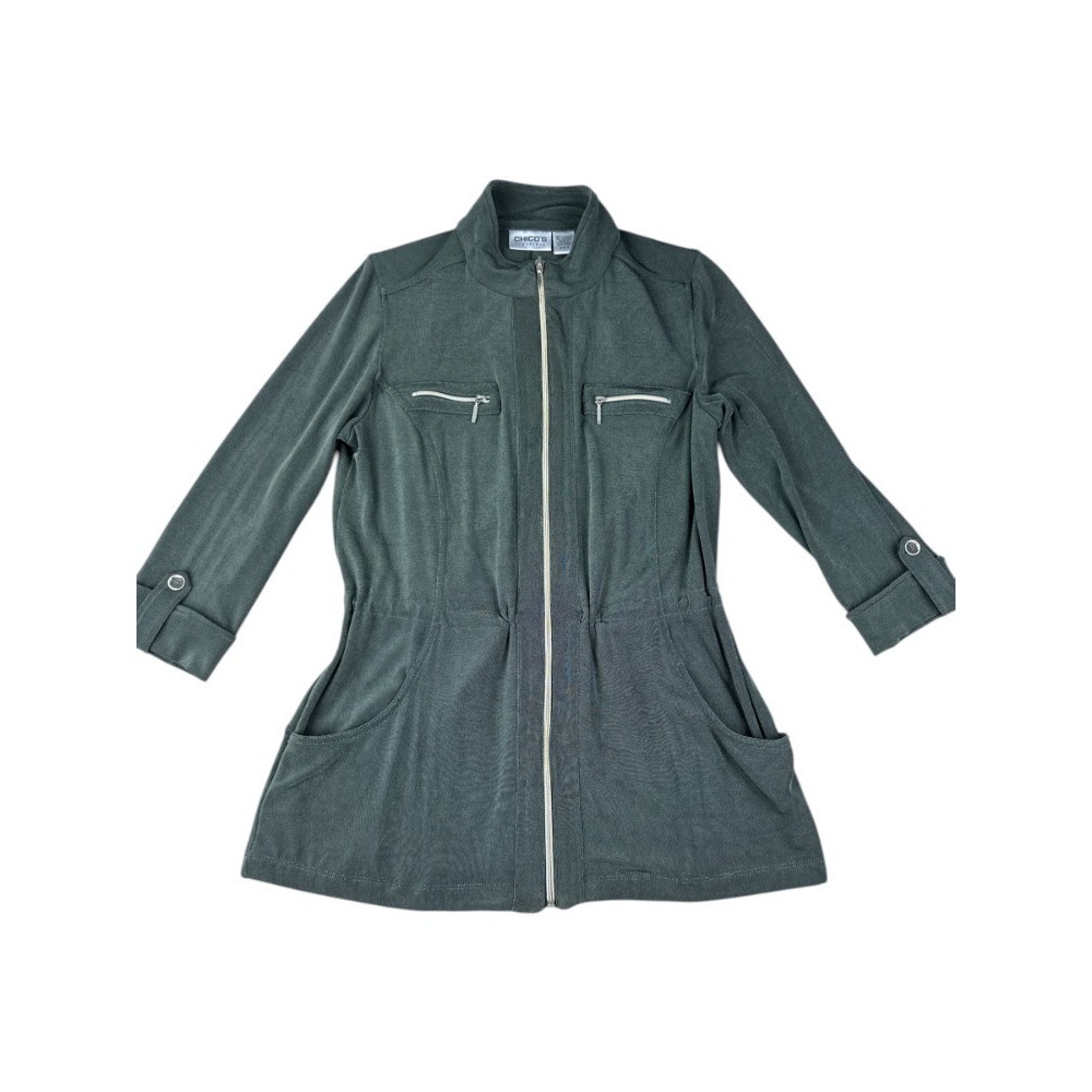 Chico's Travelers Sage Green 2 Piece Jacket & Pant Set Size 0 Gold Zip‎ Relaxed - Picture 2 of 14